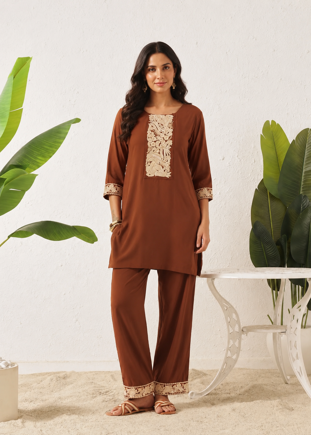 Women's Embroidered Tunic & Straight Pants Set