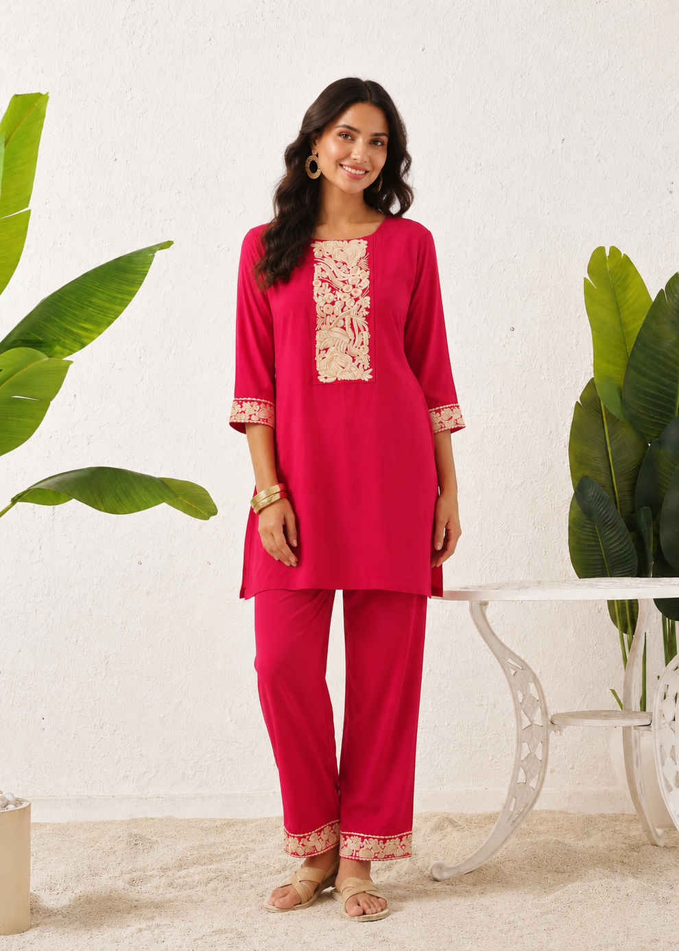 Women's Embroidered Tunic & Straight Pants Set