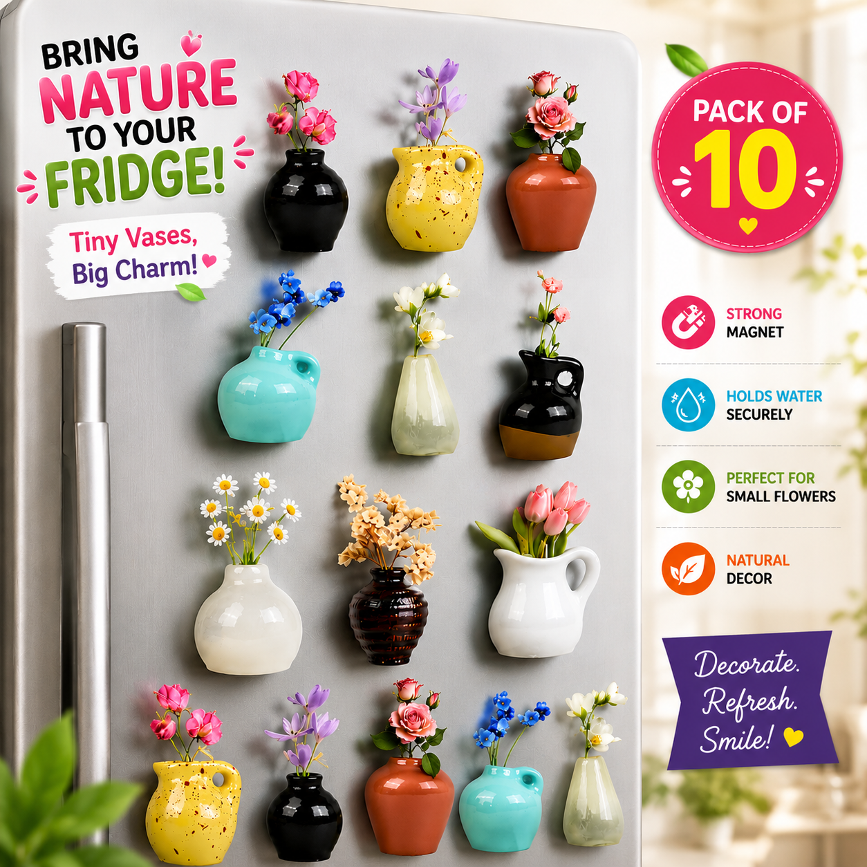 Fridge Magnetic Vases 🌸PACK OF 10🪴